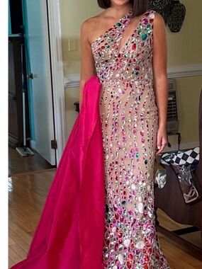 One-Shoulder Nude Sequin Evening Gown with Multicolor Gems